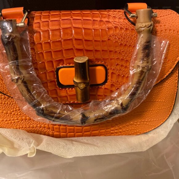 Neiman Marcus Bamboo Handle Crocodile Print Top Handle Bag - Picture 4 of 8